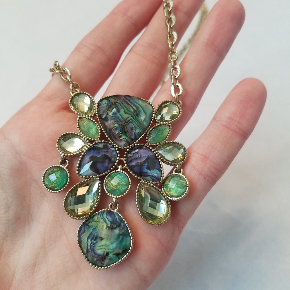 Napier Statement Necklace Green and Gold faux opal